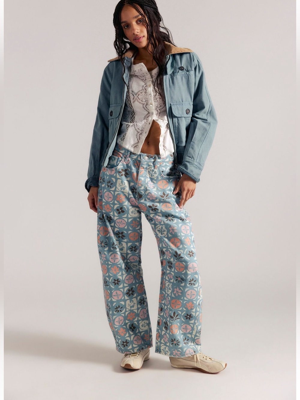 NWT Free People NWT Good Luck Printed Barrel Jeans Size in Jade Combo-Ditsy Bloc